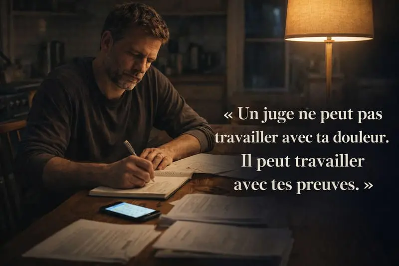 Père divorcé qui écrit dans un journal de bord la nuit, documents sur la table, documentation des faits pour le JAF