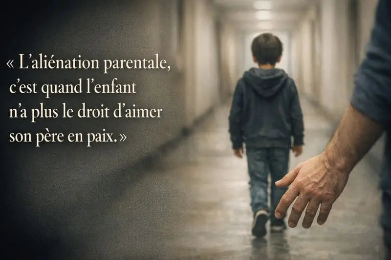 Enfant qui s'éloigne dans un couloir, père dont la main tend vers lui — illustration du conflit de loyauté après divorce