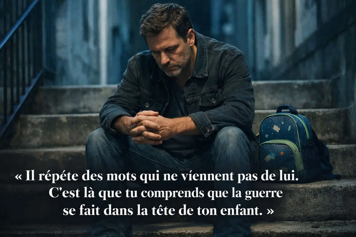 Père divorcé assis dans l'escalier, regard lourd, sac de son enfant à côté — aliénation parentale après divorce