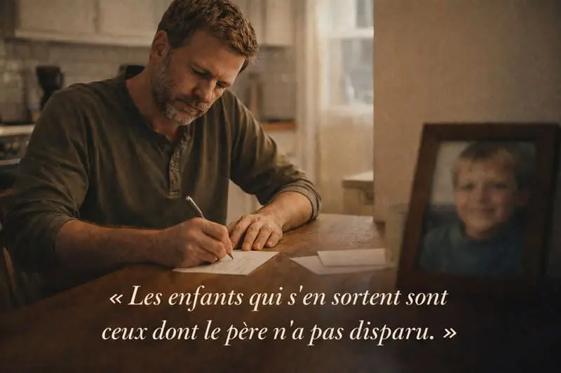  Père divorcé qui écrit un message à son enfant, photo de l'enfant en arrière-plan, présence continue malgré le silence