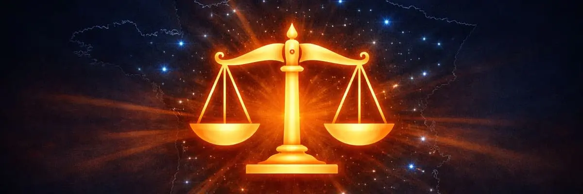 Balance de justice dorée sur fond de carte de France — annuaire avocats divorce par ville