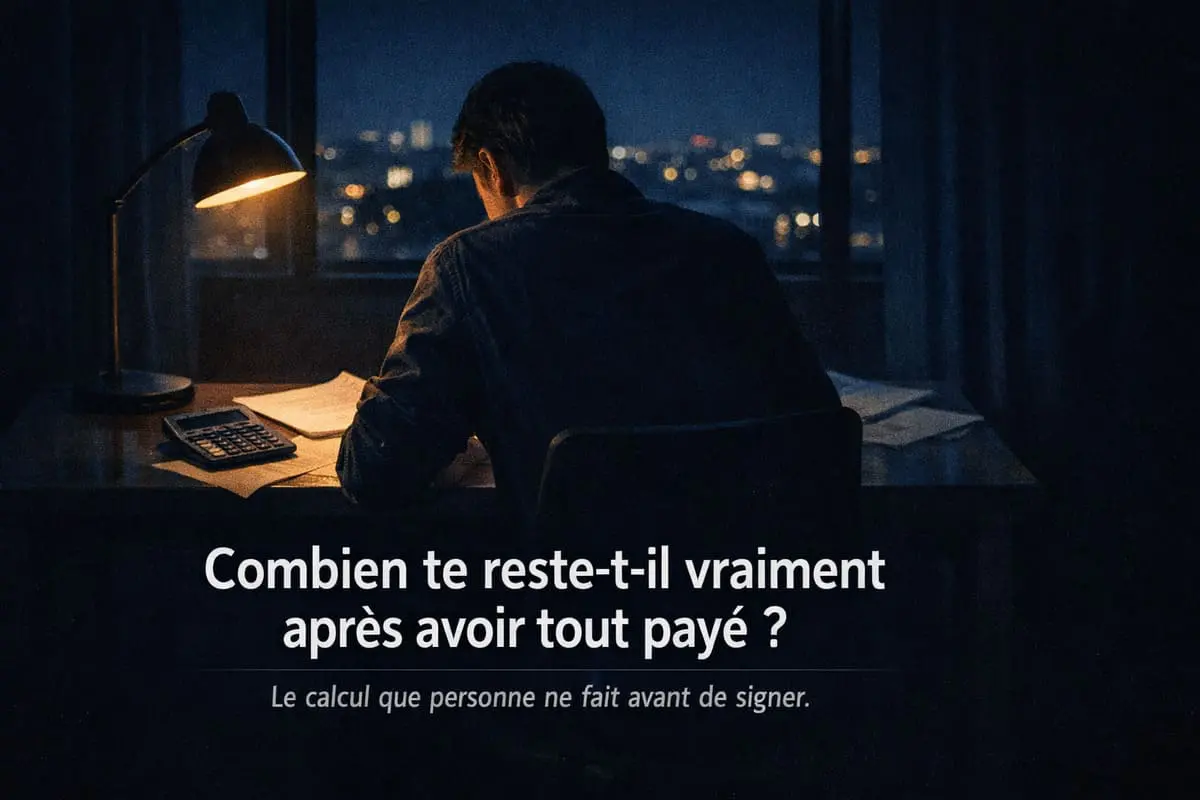 Homme calculant son reste à vivre après divorce à son bureau la nuit