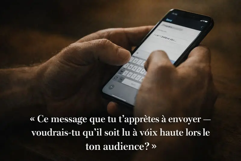 Mains d'un homme divorcé qui tient son téléphone avec un message en cours — colère, envoi impulsif, conséquences juridiques