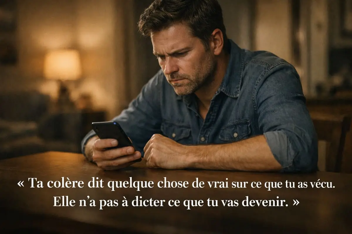 Homme divorcé qui fixe son téléphone avec une mâchoire serrée — colère post-divorce, sur le point d'envoyer un message