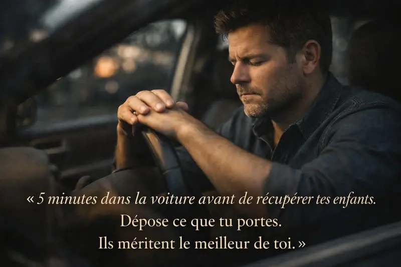 Père divorcé assis dans sa voiture qui respire profondément avant de récupérer ses enfants — gérer sa colère pour les protéger