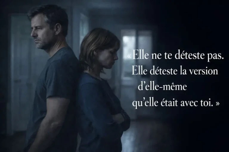 Homme et femme dos à dos dans un couloir, tension palpable, incompréhension après la séparation