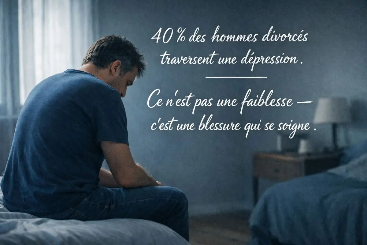 Homme divorcé assis seul face à une dépression post-divorce, cherchant à comprendre ses symptômes et à retrouver un équilibre