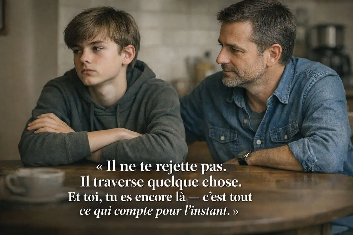 Père assis à côté de son fils adolescent qui regarde ailleurs — distance émotionnelle, refus de parler après le divorce
