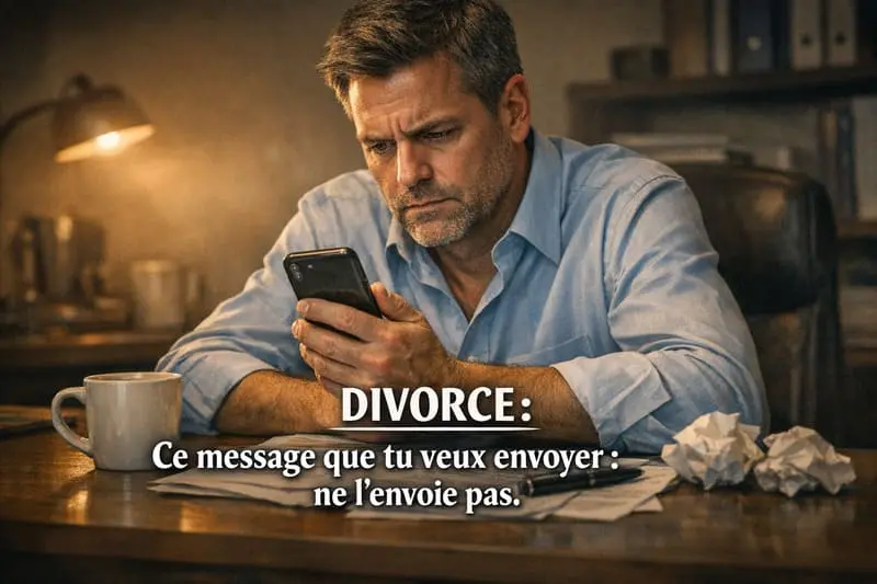 Homme regardant son téléphone avec angoisse après une demande de divorce de sa femme