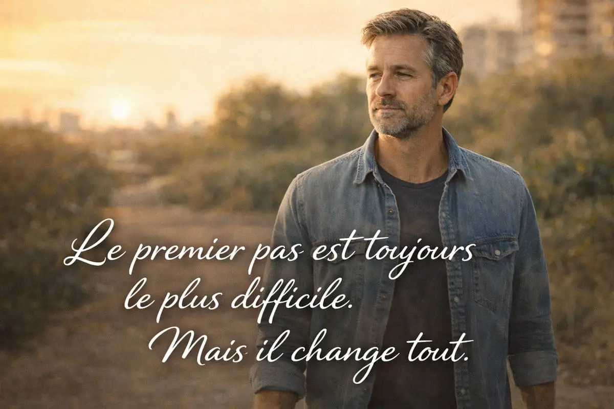 homme divorcé debout regardant l'horizon avec confiance après avoir trouvé du soutien