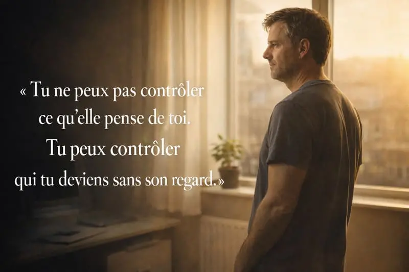 Homme divorcé debout face à la fenêtre le matin, regard calme et déterminé, reconstruction après divorce