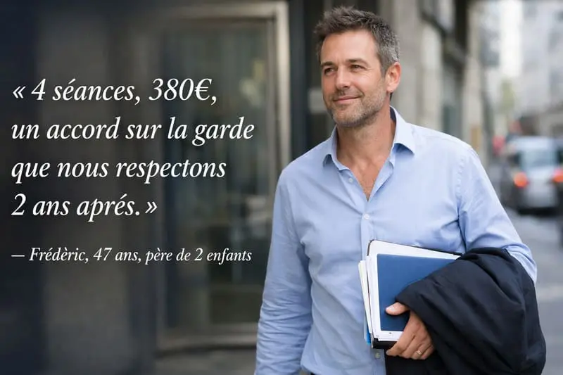 Père divorcé qui sort d'une séance de médiation familiale, soulagé — accord obtenu sur la garde des enfants