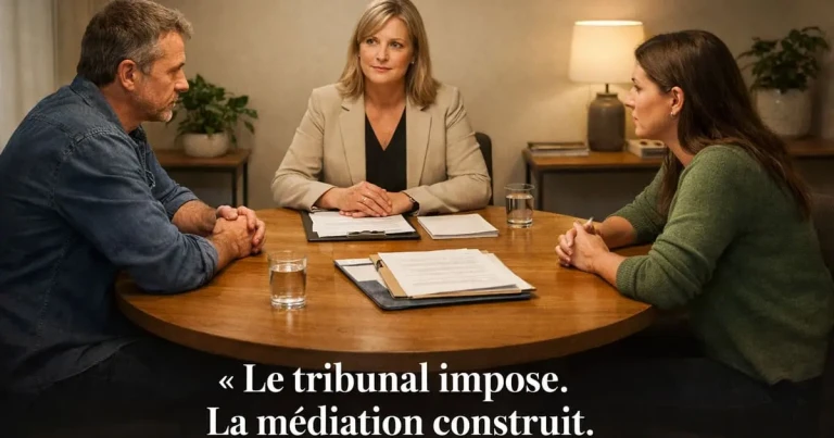 Père divorcé qui sort d'une séance de médiation familiale, soulagé — accord obtenu sur la garde des enfants