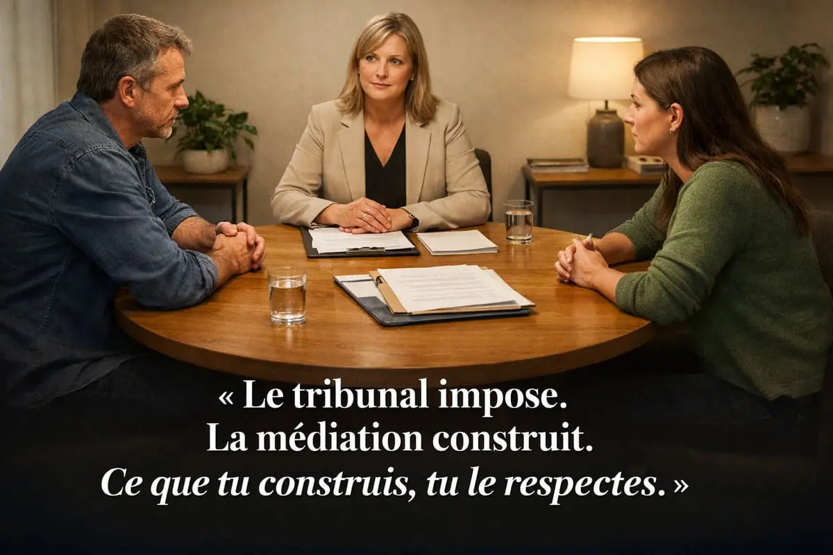  Séance de médiation familiale — médiateur assis entre deux parents divorcés qui trouvent un accord sur la garde des enfants