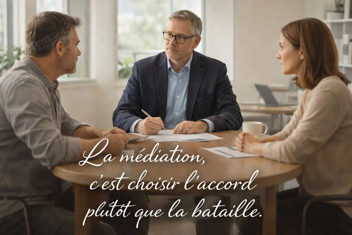 médiateur familial avec un père et une mère séparés autour d'une table neutre