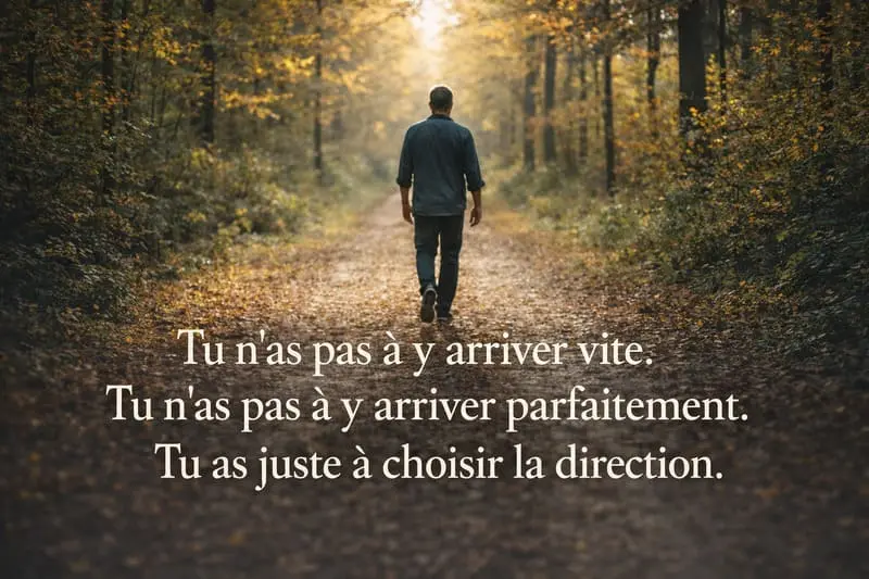 Homme divorcé qui marche seul sur un chemin en forêt, dos à la caméra — chemin du pardon et du lâcher-prise après divorce
