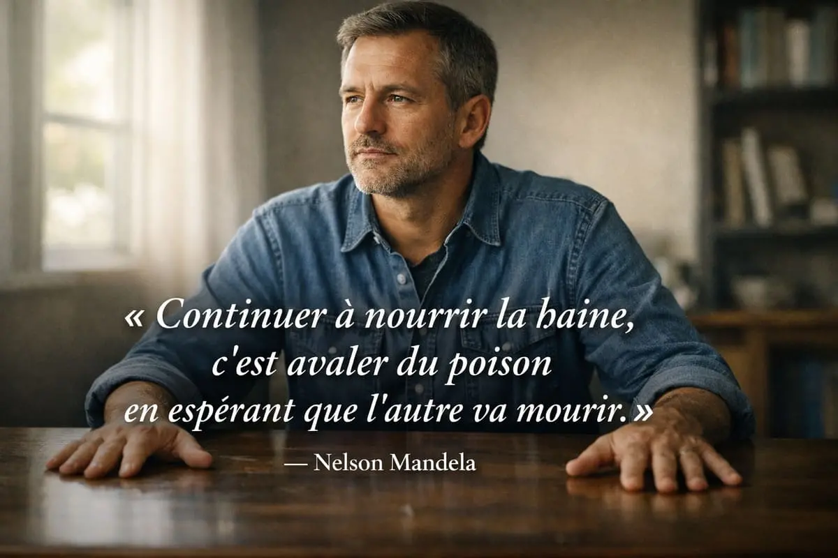 Homme divorcé les mains ouvertes sur une table, geste de lâcher-prise — décision intérieure de pardonner après le divorce