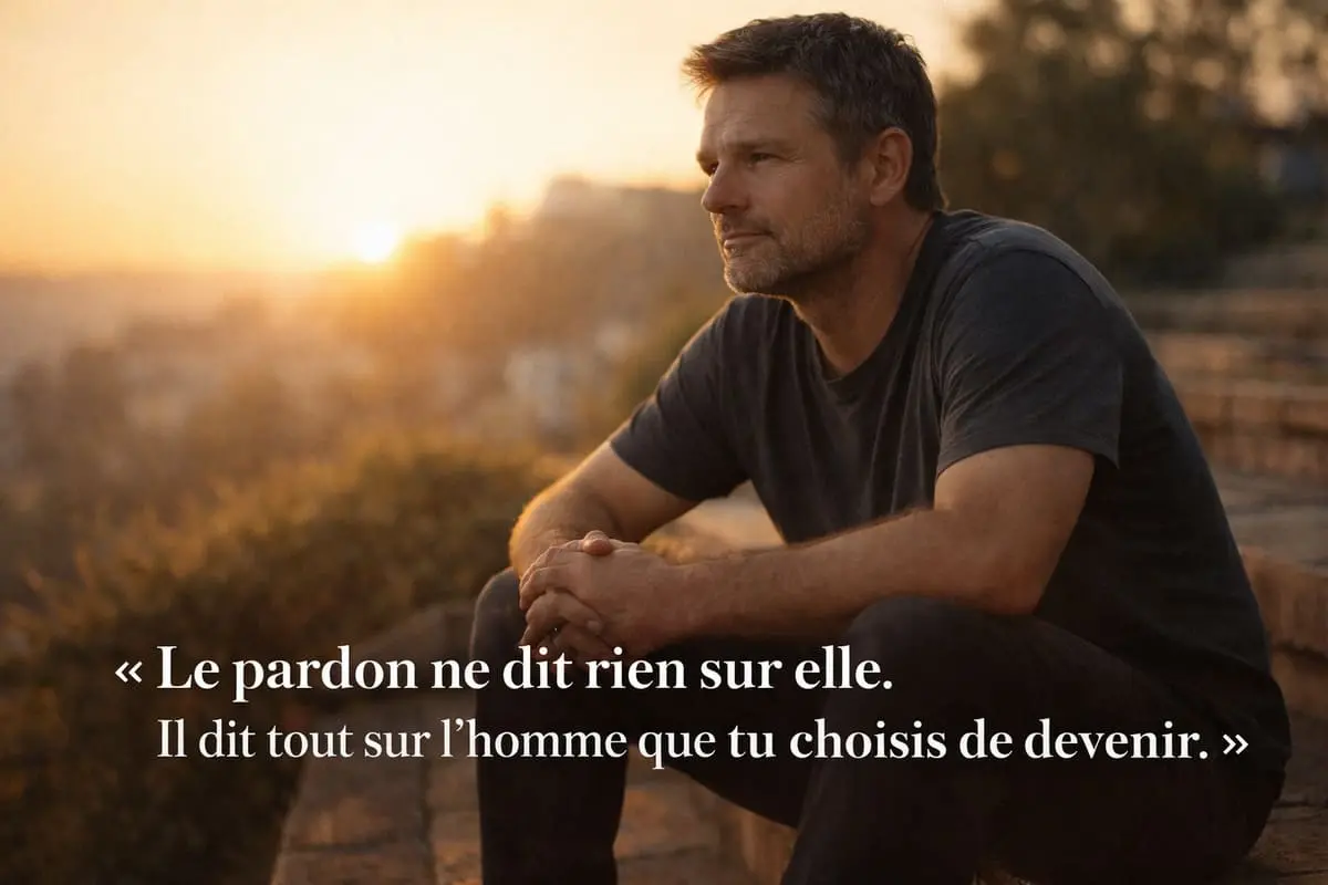 Homme divorcé assis dehors au lever du soleil, posture ouverte et apaisée — processus de pardon intérieur après le divorce