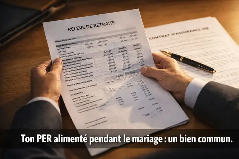 Documents de retraite et épargne sur un bureau lors d'un divorce tardif