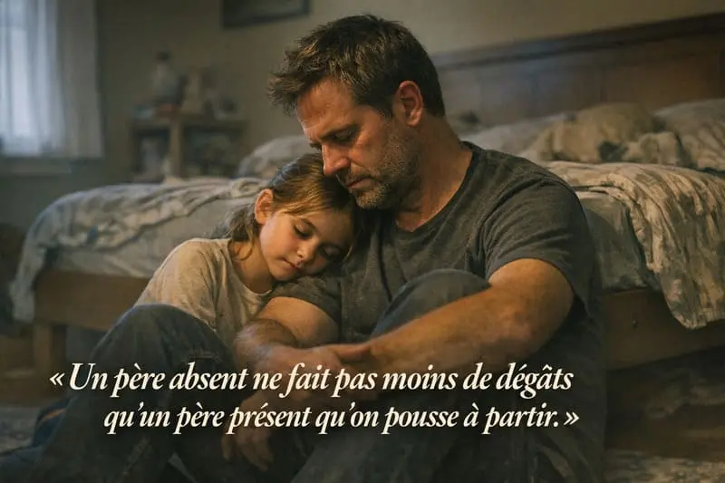 Père et enfant assis ensemble en silence après une dispute coparentale, lien père-enfant préservé