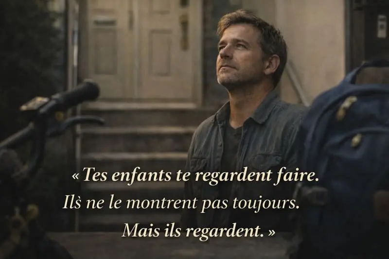 Père seul devant une porte, regard déterminé, qui continue de se présenter malgré le rejet de ses enfants après divorce