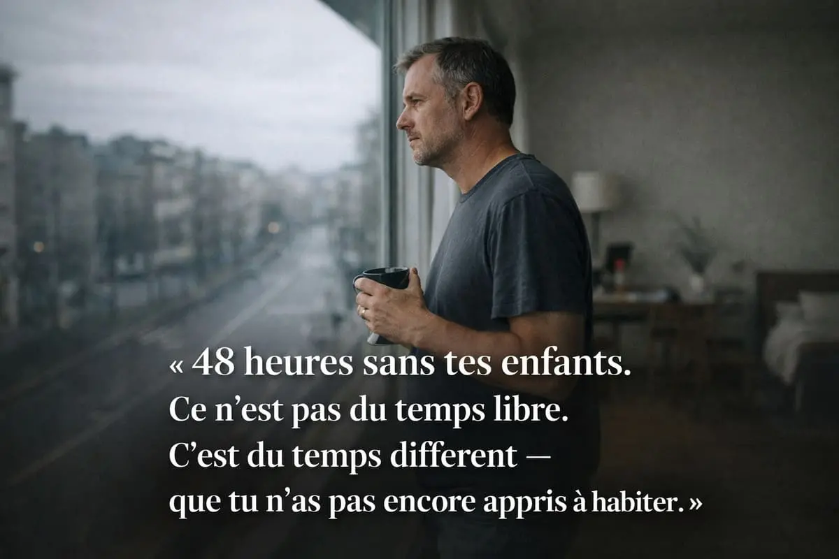 Père divorcé debout à la fenêtre un samedi matin avec son café, regard pensif — week-end sans enfants après divorce