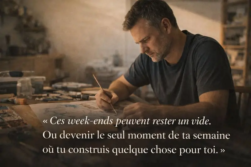 Homme divorcé concentré sur un projet créatif le week-end — transformer le temps sans enfants en reconstruction personnelle