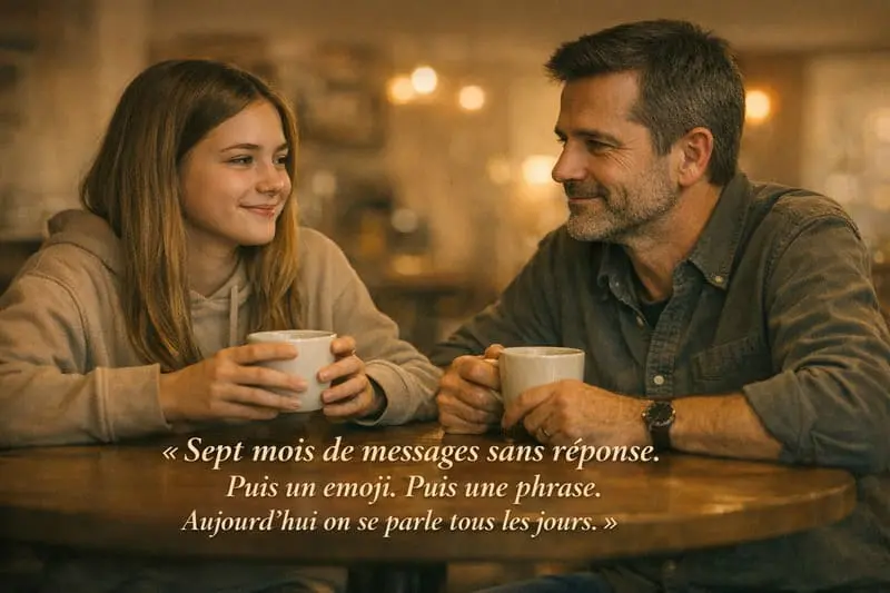 Père et sa fille adolescente dans un café après une période de distance — reconstruction du lien père-enfant après le divorce