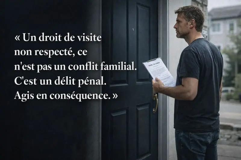 Père devant une porte fermée tenant son ordonnance de garde — droit de visite non respecté, recours légaux