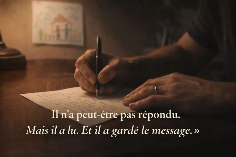Mains d'un père écrivant une lettre à la main à son enfant qu'il ne peut pas voir — garder le lien malgré la séparation forcée