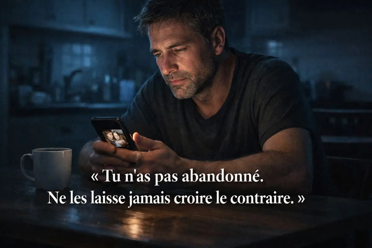 Père seul la nuit à sa table de cuisine, regardant une photo de ses enfants sur son téléphone — privé de ses enfants après divorce