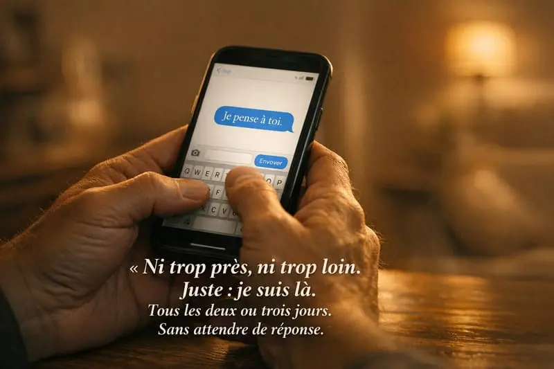 Mains d'un père qui envoie un message court à son enfant — présence régulière et non-envahissante pour reconstruire le lien après le divorce