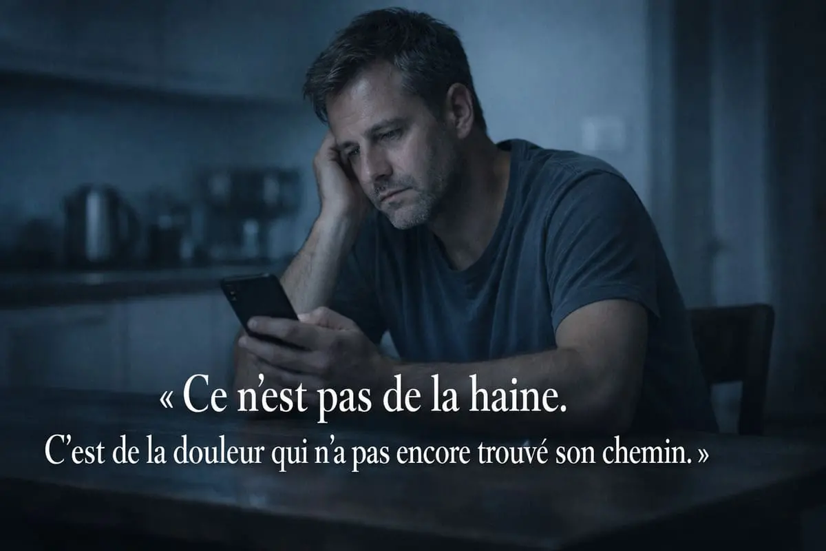 Homme divorcé seul le soir face à son téléphone, citation sur la haine après le divorce