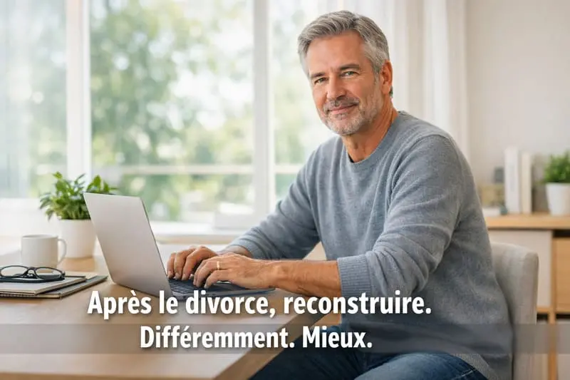 Homme serein devant un bureau travaillant sur son bilan financier post-divorce