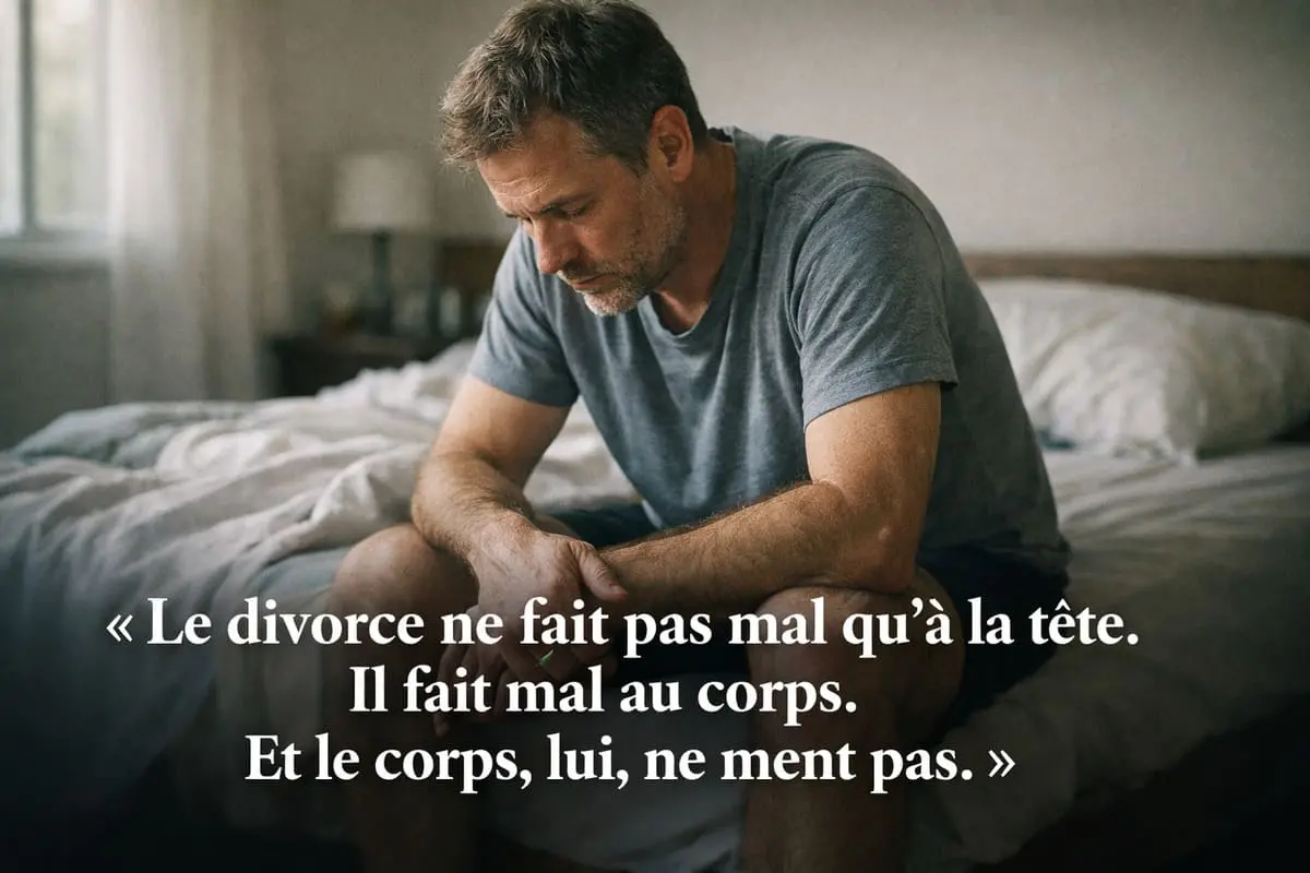 Homme divorcé assis sur le bord de son lit le matin, épuisé — impact physique du divorce sur la santé masculine