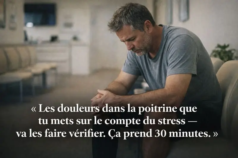 Homme divorcé assis dans une salle d'attente médicale — impact physique du divorce, consultation nécessaire