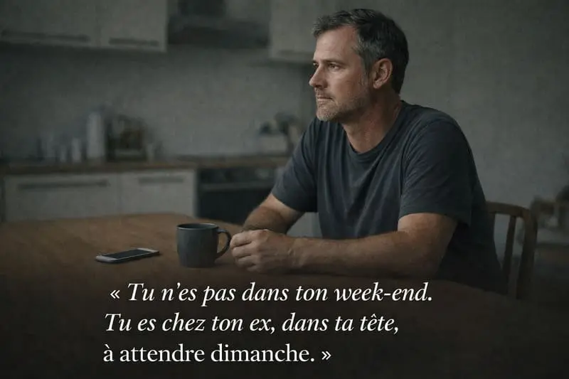 Père divorcé seul à sa table de cuisine le samedi matin, téléphone posé, regard absent — week-end sans enfants après divorce