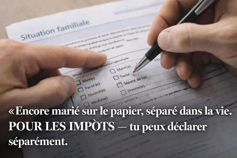 Mains qui remplissent une déclaration d'impôts 2026 — case situation familiale, séparé encore marié