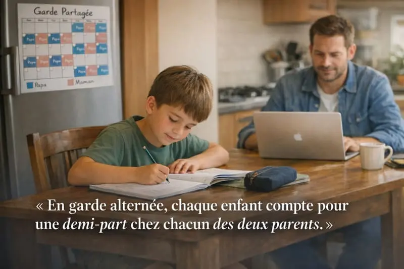 Père en garde alternée avec son enfant à la maison — déclaration d'impôts, partage de la demi-part fiscale 2026