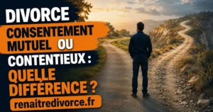 Homme face à deux chemins symbolisant le choix entre divorce par consentement mutuel et divorce contentieux