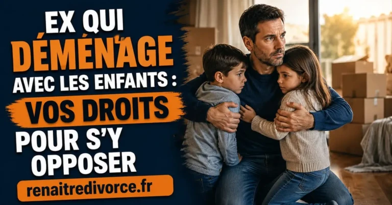 Père tenant la main de ses enfants face à une décision de déménagement imposée par son ex après divorce