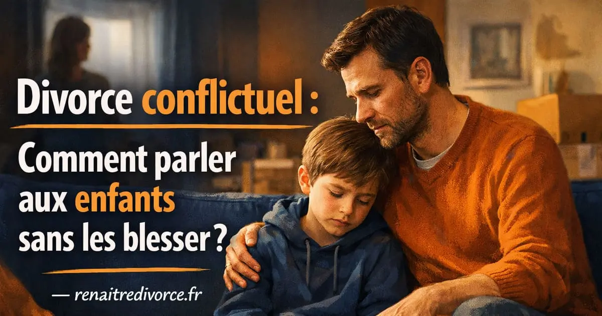 Père parlant calmement à son enfant malgré un divorce conflictuel avec son ex-femme