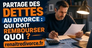 Homme examinant des documents financiers et contrats de crédit lors d'un divorce