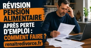 Père chômeur consultant ses documents pour demander la révision de sa pension alimentaire après perte d'emploi