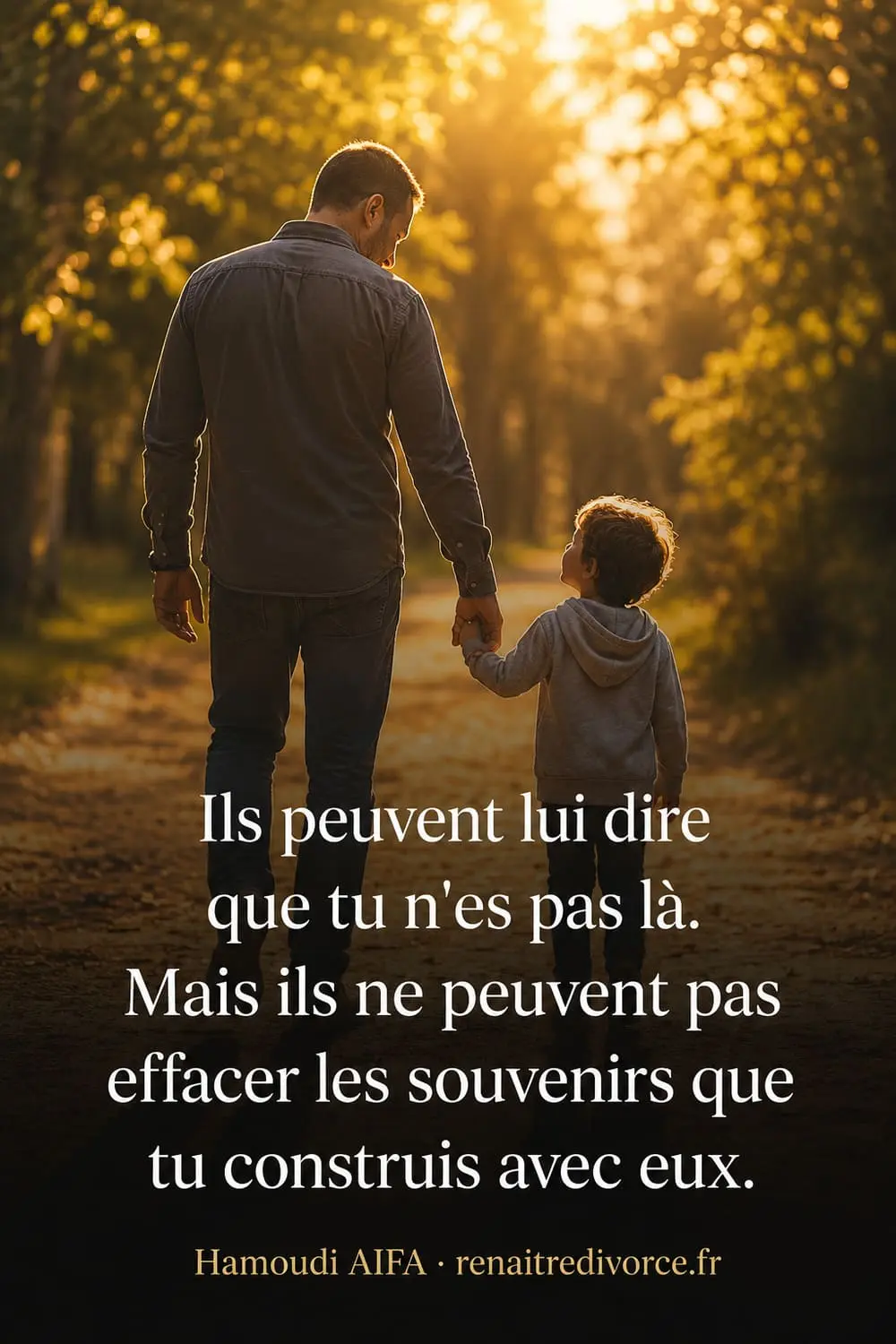 Citation lien père-enfant malgré l'aliénation parentale — Hamoudi AIFA Citation père et enfant — Ils peuvent lui dire que tu n'es pas là. Mais ils ne peuvent pas effacer les souvenirs que tu construis avec eux.