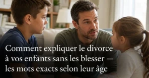 Père expliquant le divorce à ses enfants avec douceur et les mots adaptés à leur âge
